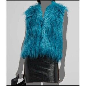 Becagli Italian Mohair Fur Vest Shaggy Fur Vest Teal Blue sz 44/8 $1050